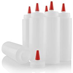 Pinnacle Mercantile Easy Squeeze Plastic Condiment Bottles 8-ounce with Red Tip Cap Set 6