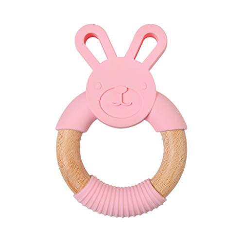 Hacloser Newborn Kids Bite Toy Infants Nursing Accessories Baby Teether Cartoon Rabbit Shape Silicone Wooden Ring Toys