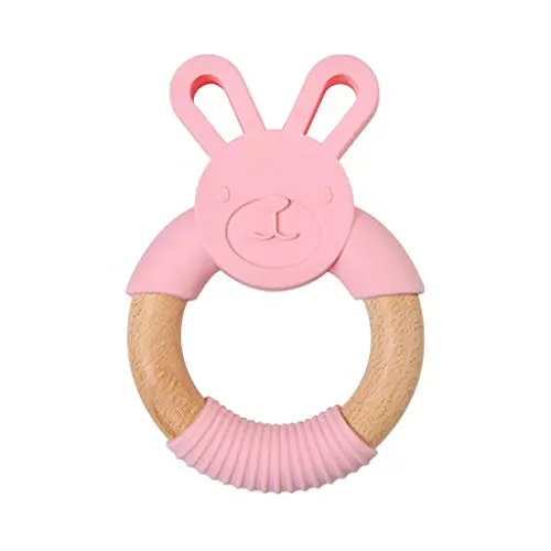 Hacloser Newborn Kids Bite Toy Infants Nursing Accessories Baby Teether Cartoon Rabbit Shape Silicone Wooden Ring Toys