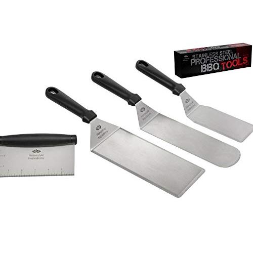 Griddle and Grill SPATULAS and Chopper, Stainless Steel. 3 Spatulas and 1 Chopper Scraper. for Griddle, Barbecue, Flat Top Cooking. Ideal for Home, Camping and Tailgating.