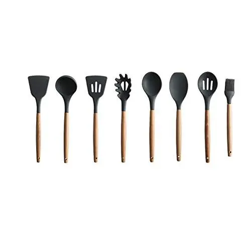 8PCS Cooking Utensils, Kitchen Utensils with Wooden Handle, Non-Stick Silicone and Heat-Resistant Wooden Tableware, Brush Tool Kitchenware Non-Toxic Blade Set, 8-piece set