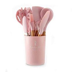 Silicone Kitchenware Set of 11 - Solid Wood with Storage Bucket Cooking Utensils Set, Pink Silicone Kitchenware Non-Stick Stains and Wear-Resistant, 11-piece set