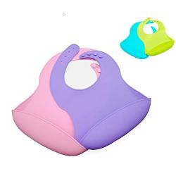 2 Pack Silicone Baby Bib, BPA Free, Easy Clean up (Pink and Purple)