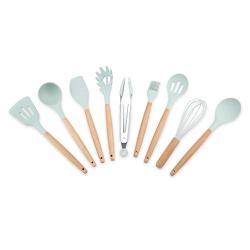 Kitchen Utensil, 9Pcs Kitchenware Set Silicone Beech Wood Handles Cooking Utensils Kitchen Tools, Slotted Turner/Spoon/Colander/Soup Ladle/Noodle Shovel/Scraper/Oil Brush/Egg-beater/Food Tong