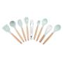 Kitchen Utensil, 9Pcs Kitchenware Set Silicone Beech Wood Handles Cooking Utensils Kitchen Tools, Slotted Turner/Spoon/Colander/Soup Ladle/Noodle Shovel/Scraper/Oil Brush/Egg-beater/Food Tong