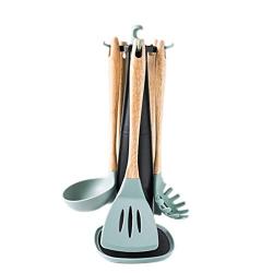 Silicone Kitchenware Wood Non-stick Spatula High Temperature Soup Spoon Household Cooking Set (shovel, Colander, Soup Spoon, Face Claw, Seasoning Spoon)