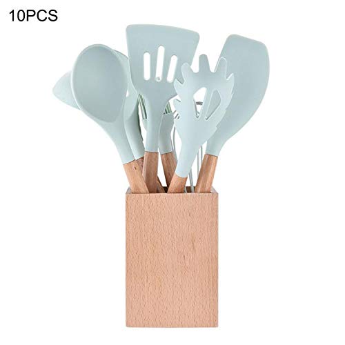 9/10 Piece Set Silicone Kitchenware Set Fresh Blue Wooden Storage Tube Furniture Kitchen Utensils Spatula Soup Spoon Set,2