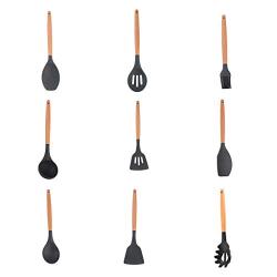 WHER Silicone Kitchenware Set Wooden Storage Tube Furniture Kitchen Utensils Spatula Soup Spoon Non Toxic