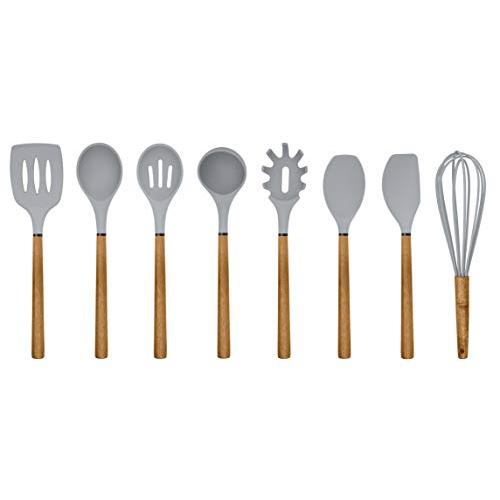 Country Kitchen Silicone Cooking Utensils, 8 Pc Kitchen Utensil Set, Easy to Clean Wooden Kitchen Utensils, Cooking Utensils for Nonstick Cookware, Kitchen Gadgets and Spatula Set - Grey