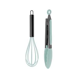 Country Kitchen 10" Whisk and Tong Kitchenware Set for Nonstick Cookware, Silicone and Stainless Steel Accessories for Cooking, Baking, Frying, Grilling, Blending and Serving- Gun Metal and Mint Green