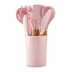 Silicone kitchenware 11 Pieces Pink Silicone Cooking Utensils Kitchen Utensil Set Wooden Handles Cooking Tools For Nonstick Cookware Includes Tongs Pasta Fork Whisk And More punk Silicone kitchen uten