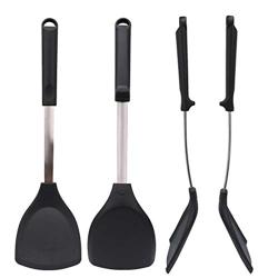 Kitchenware Utensils Premium Stainless Steel & Silicone Non-Stick and Heat Resistant Utensils for Cooking, Flipping and Pressing Black 4 packs