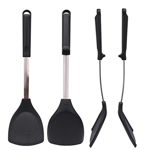 Kitchenware Utensils Premium Stainless Steel & Silicone Non-Stick and Heat Resistant Utensils for Cooking, Flipping and Pressing Black 4 packs