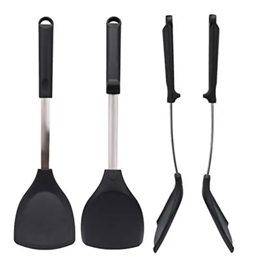 Kitchenware Utensils Premium Stainless Steel & Silicone Non-Stick and Heat Resistant Utensils for Cooking, Flipping and Pressing Black 4 packs