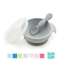 Bumkins Suction Silicone Baby Feeding Set, Bowl, Lid, Spoon, BPA-Free, First Feeding, Baby Led Weaning - Gray