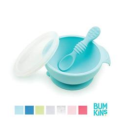 Bumkins Suction Silicone Baby Feeding Set, Bowl, Lid, Spoon, BPA-Free, First Feeding, Baby Led Weaning - Light Blue