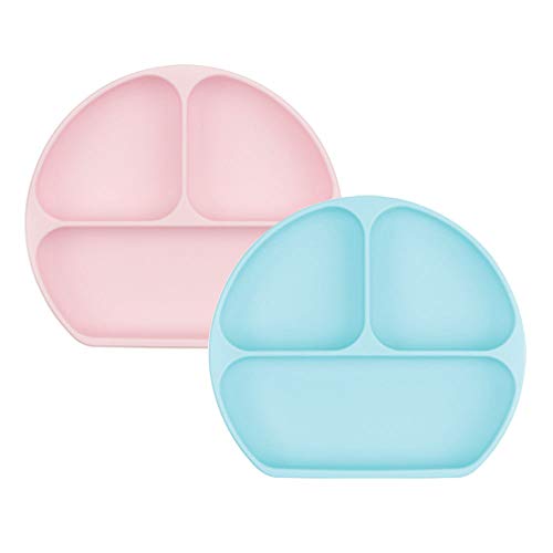 Bumkins Silicone Grip Dish, Suction Plate, Divided Plate, Baby Toddler Plate, BPA Free, Microwave Dishwasher Safe, Blue/Pink