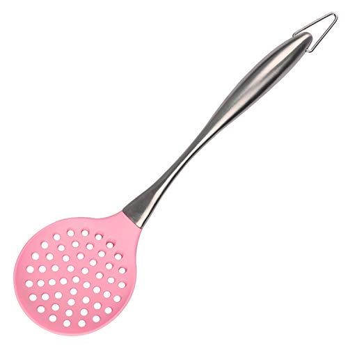 Non-stick Kitchen Cooking Utensils Heat Resistant Baking Tools Silicone Kitchenwares With Stainless Steel Handle,Pink Colander