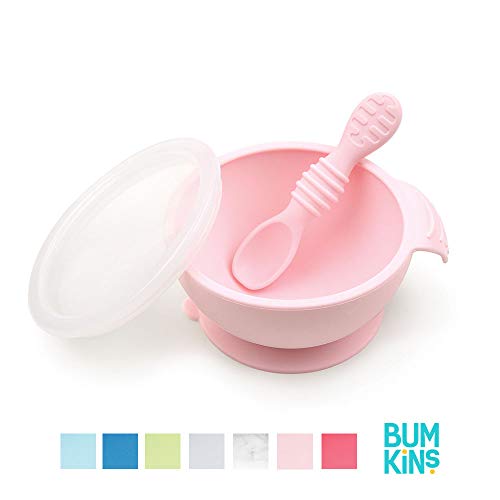 Bumkins Suction Silicone Baby Feeding Set, Bowl, Lid, Spoon, BPA-Free, First Feeding, Baby Led Weaning - Pink