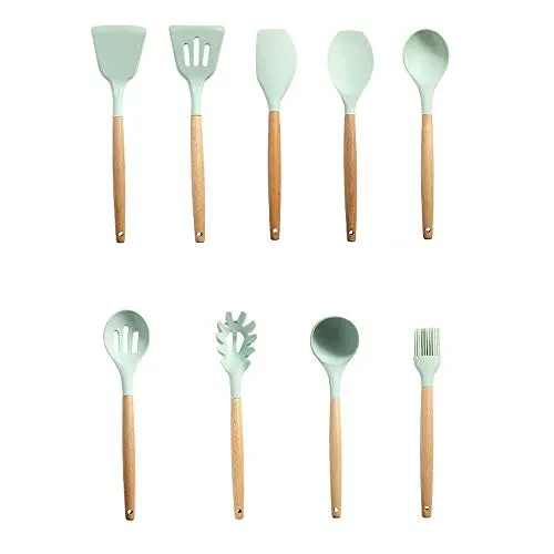 9pcs Silicone Utensils Cooking Utensil Set, Non-Stick Pan, Heat Resistant, Beech Silicone Baking Set, Hygienic, Kitchen, Cooker Cooking, Kitchenware Set.