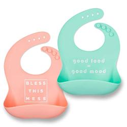 Simka Rose Silicone Bib - Waterproof Baby Bibs for Girls and Boys - Perfect for Babies and Toddlers - Easy to Clean Feeding Bibs - Excellent Baby Shower Gift - Set of 2 (Peach/Mint)