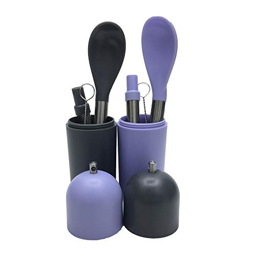 irowU Stainless Steel Reusable Drinking Straw Silicone Tips Retractable Silicone Spoon with Cleaning Brush (2, grey +purple)