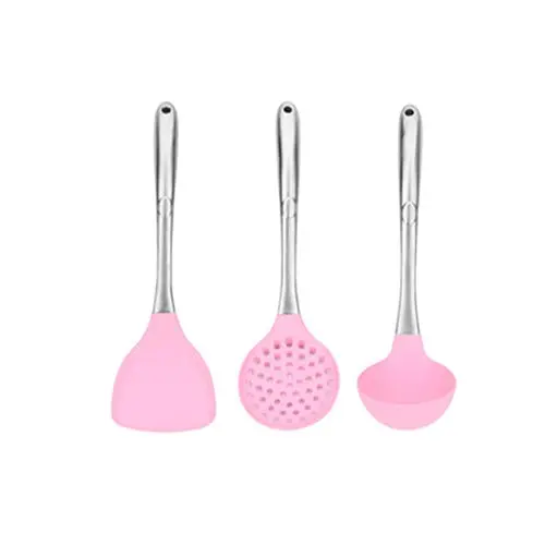 Silicone Kitchenware Three-piece Set High Temperature Resistant Stainless Steel Silicone Kitchenware (Color : Pink)