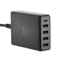 AmazonBasics 5-Port Wall Charger (60W) with 4 USB-A Ports and 1 USB-C Port with 30W Power Delivery - Black