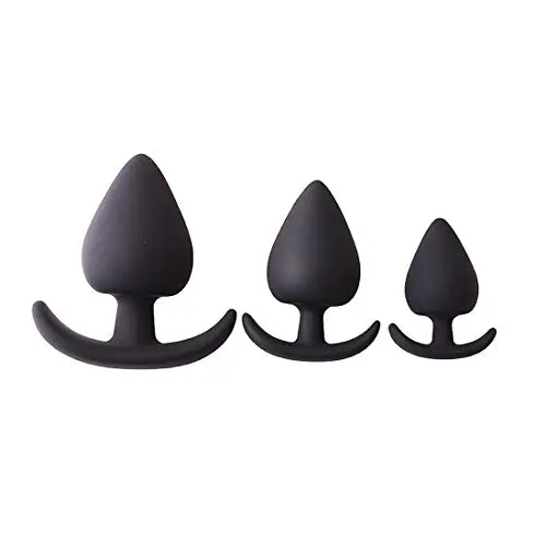 Silicone Beginner Starter Set Toys with T-bar Base,Unisex Anal Trainer Sex Kit Butt Plug,Pack of 3(Black)