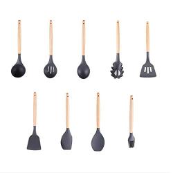 Cookware Set Food Grade Silicone Elm Handle Set Silicone Kitchenware 9 Piece High Temperature Cooking Tools, Kitchenware