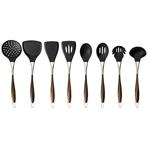 8 Piece Premium Stainless Steel With Wooden Appearance Handle Silicone Kitchen Utensils Set (Stainless Steel with Wooden Handle Appearance)