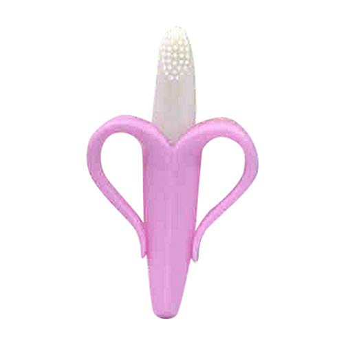 Binory Infants Banana Training Toothbrush and Teether, 100% Food Grade Silicone Teething Toys,BPA-Free Easy to Hold and Clean,Baby Health Care Gift for Toddlers 3-12 Months and Up Boy Girl(Pink)