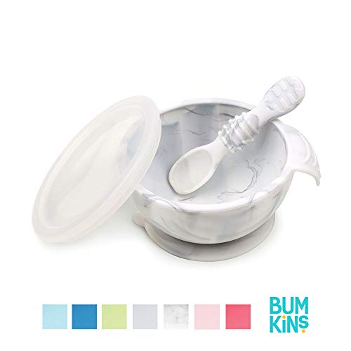 Bumkins Suction Silicone Baby Feeding Set, Bowl, Lid, Spoon, BPA-Free, First Feeding, Baby Led Weaning - Marbled