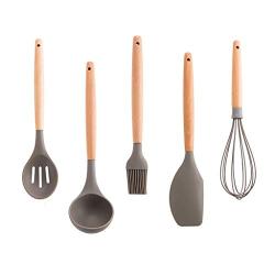 TANGON High Temperature Resistance Silicone Cooking kitchenware Gadget Set Include Blender Soup Spoon Colander Shovel with Wooden Handle