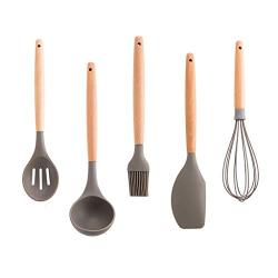 Fullyday Silicone Kitchenware Set of 5, Silicone Heat Resistant Spatulas Spoon Egg Beater Oil Brush, Ideal Wooden Handle Household Kitrchen Tools