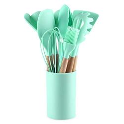 Silicone Cooking Utensils, 12 Pieces Kitchenware Tools Set Wooden Handle with Silicone Shovel Spoon Colander Kitchen Utensil Set,