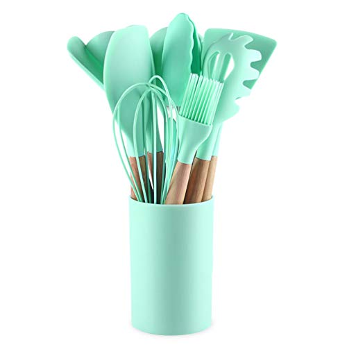 Silicone Cooking Utensils, 12 Pieces Kitchenware Tools Set Wooden Handle with Silicone Shovel Spoon Colander Kitchen Utensil Set,