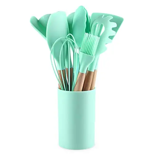 Silicone Cooking Utensils, 12 Pieces with Silicone Shovel Spoon Colander Kitchenware Tools Set Non-stick Pan Kitchen Utensil Set, Wooden Handle