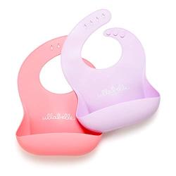 Ullabelle Set of 2 Waterproof Silicone Bibs for Girls - Minimalist Design for The Modern Parent - Easy to Clean with Wide Pocket That Prevents Stains! (Lilac/Rose)