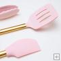 Pink & Gold Cooking Utensils with Stainless Steel Utensil Holder-Silicone Cooking Utensil Set: Gold Whisk,Gold Ladle,Pink Spatula,Gold & Pink Tongs,Pink & Gold Serving Spoon,Turner,Gold Utensil Holder