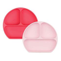 Bumkins Silicone Grip Dish, Suction Plate, Divided Plate, Baby Toddler Plate, BPA Free, Microwave Dishwasher Safe - 2pk Red/Pink