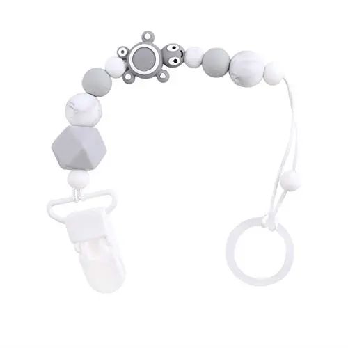 Pacifier Clip- Modern and Trendy Teething Silicone Beads Pacifier Clip for Baby - Infant Baby Shower Gift - Best for Teether Toys (White/Grey)