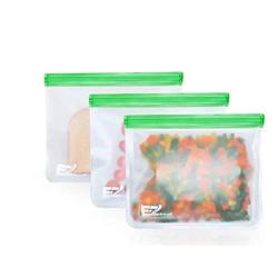 E-Z Seal EXTRA THICK Reusable PEVA Storage Bag for Food | Kids Snacks | Ziplock | Freezer | Lunch Sandwiches | Leakproof | Make-up | Travel | Meal Prep | Home Organisation (3 Pack Large Size - Green)