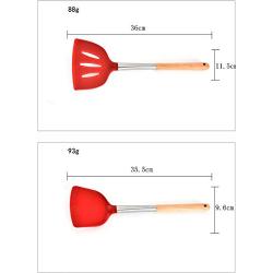 JunbosiKitchenware Silicone Kitchenware 11 Piece Set Wooden Handle Nonstick Cookware Shovel Spoon More Presser Potato Spaghetti Claw,Red