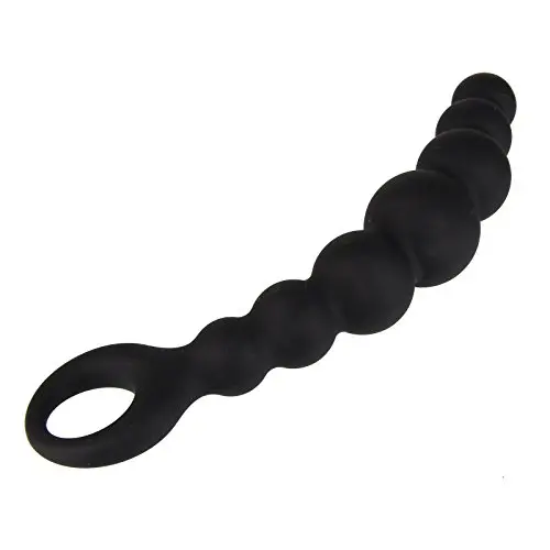 Beauty7 Black Flexible Anal Beads Link Chain Butt Plug Medical Grade Sleek Silicone Safe Pull Ring Prostate Massager Sex Toy