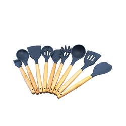 Silicone Kitchen Utensils Set 9 Piece Cooking Utensils Natural Wooden Handle Heat Resistant Non-Stick Pan Kitchenware Cookware Set Best Food Grade Silicon