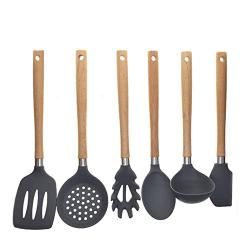 Silicone Kitchenware Set of 8 Wooden Handle Non-Stick Shovel Spoon Tool Shovel Soup Fishing Spoon Cooking Utensils Set