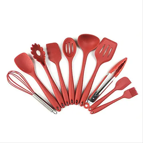Silicone Kitchenware 10 Piece Sets Or 8 Pieces Set Non-stick Pot Silicone Kitchenware Set Environmental Protection Cooking Spoon Color boxed ten-piece set Red