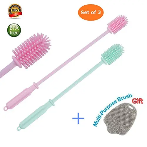 Silicone Bottle Cleaning Brush, 2 Pack Water Bottle Brush with Long Handle, Kitchen Cleaning Brush for Cleaning Baby Bottles, Hydroflasks, Vase and Narrow Neck Bottles