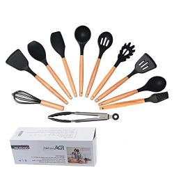 Jdeepued Silicone kitchenware 11 Pieces Silicone Cooking Utensils Kitchen Utensil Set Beech Wood Handles Cooking Tools for Nonstick Cookware Black Silicone Kitchen Utensils